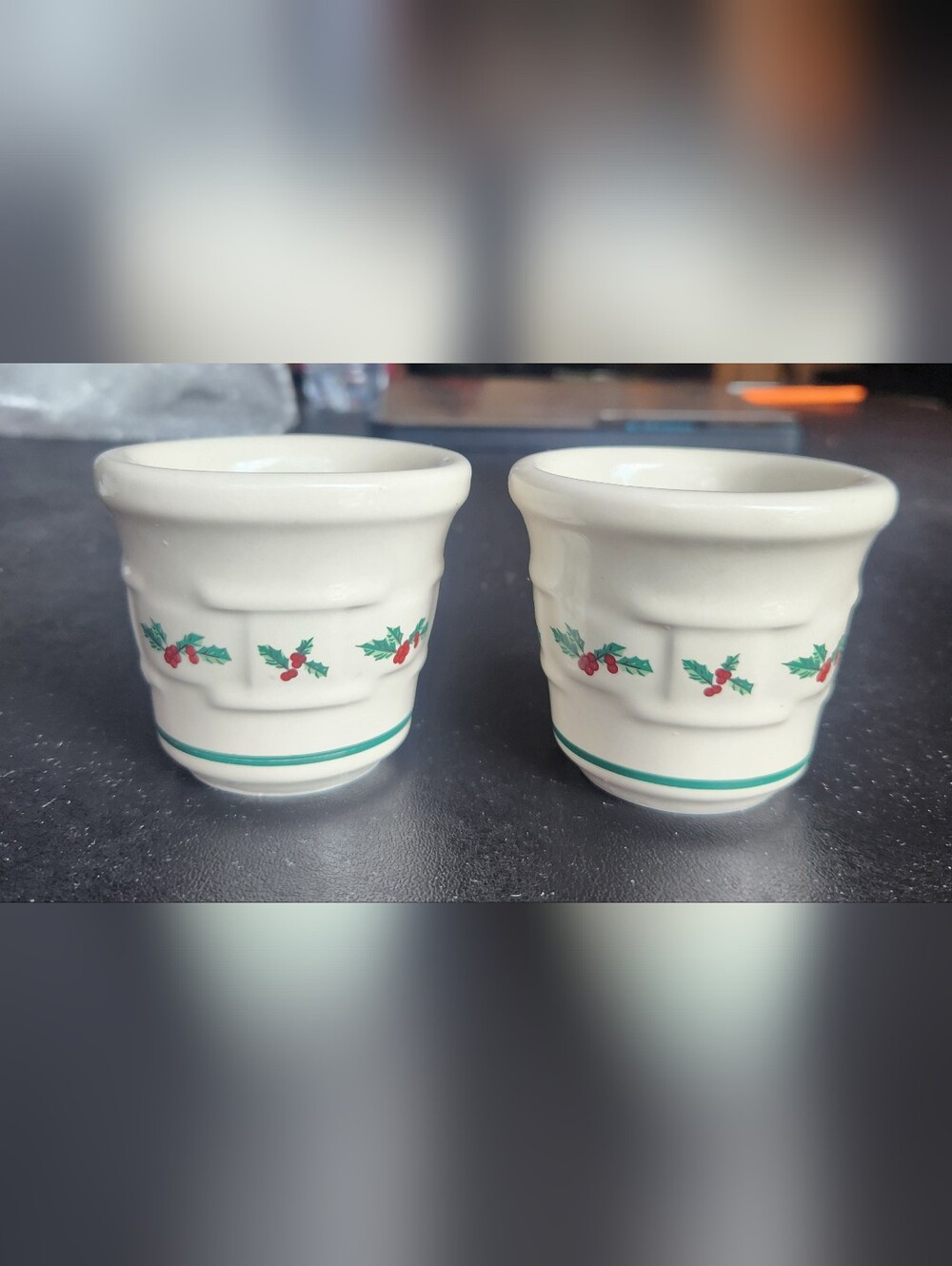 Set of 2 Longaberger Pottery Christmas Traditional Holly Votive Candle Holders